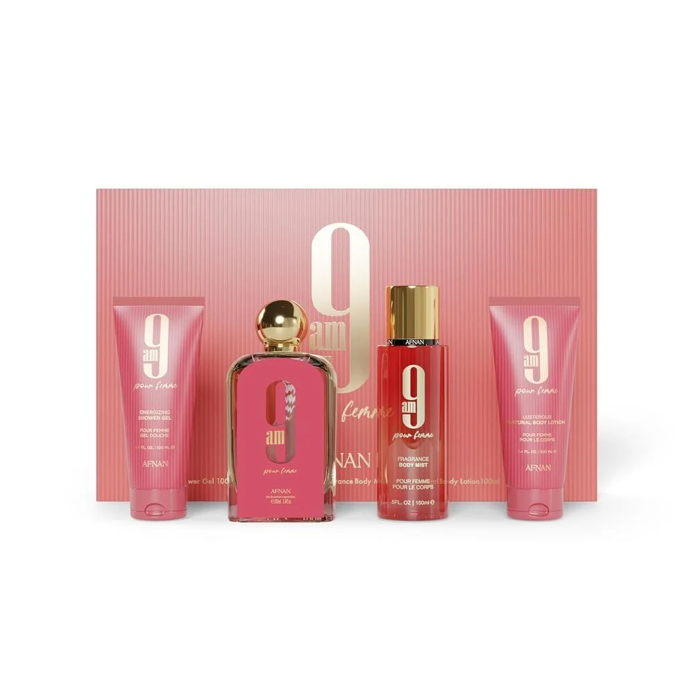 AFNAN 9 AM POUR FEMME β SET DE PERFUME Y CUIDADO CORPORAL 4 PZAS